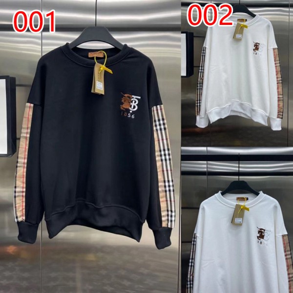 ハイブランド バーバリー パーカー メンズtシャツ 長袖 春秋冬向け 丸首 コットン製 Burberry厚手シャツ 高品質 カジュアル 裏起毛 プルオーバー 刺繍付き チェック パッチワーク設計 ファッション 個性 潮流スタイル 男子 シンプル上着