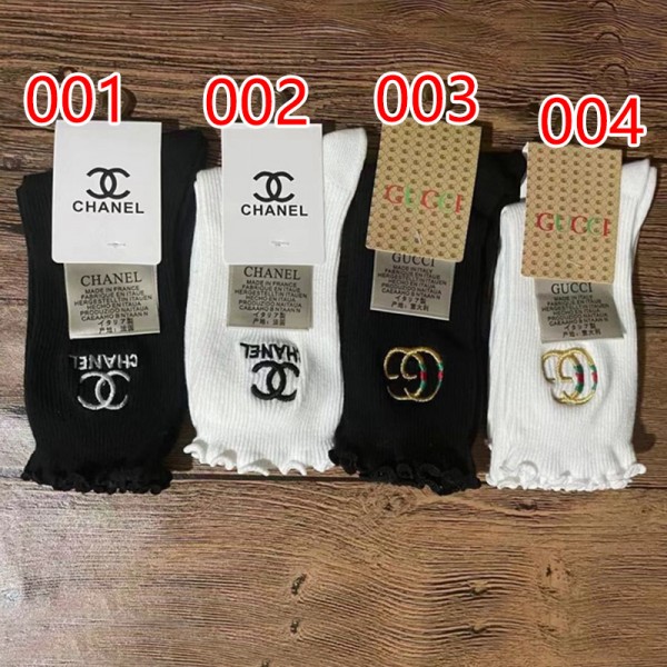 ブランド Chanel ソックス 2足セット 高品質 グッチ 靴下 100％コットン 精緻 刺繍付き 上品 ミドル ソックス かわいい ストキング レディース向けパイピング黒白 高級 ソックス