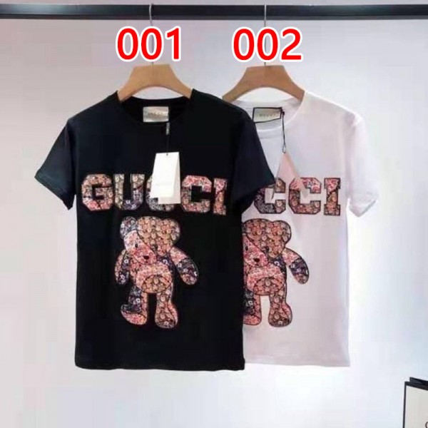 Gucci ブランド 大人服 グッチ tシャツ 100％コットン 快適 柔らかい トップス おしゃれ 熊柄 gucci柄 ファッション感 男女兼用 半袖 かわいい ペア カジュアル 上ウェア カップル