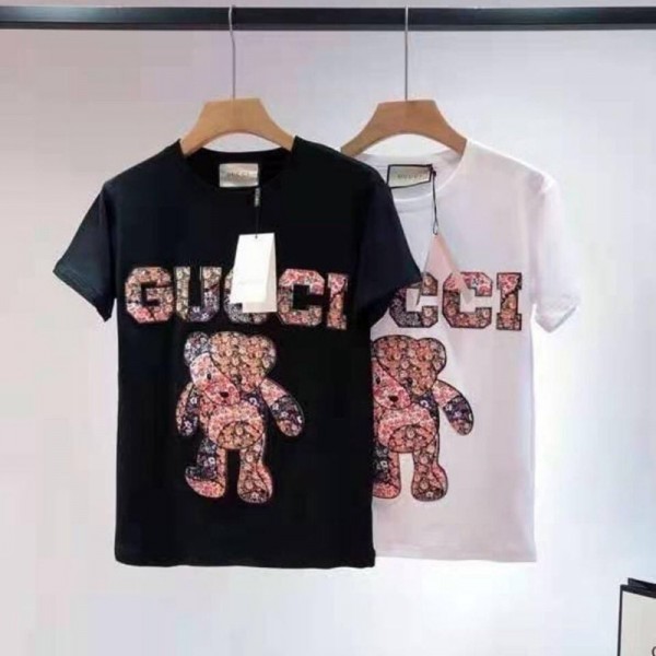 Gucci ブランド 大人服 グッチ tシャツ 100％コットン 快適 柔らかい トップス おしゃれ 熊柄 gucci柄 ファッション感 男女兼用 半袖 かわいい ペア カジュアル 上ウェア カップル