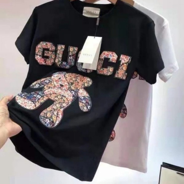 Gucci ブランド 大人服 グッチ tシャツ 100％コットン 快適 柔らかい トップス おしゃれ 熊柄 gucci柄 ファッション感 男女兼用 半袖 かわいい ペア カジュアル 上ウェア カップル