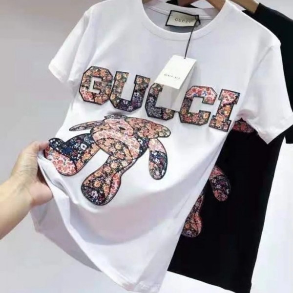 Gucci ブランド 大人服 グッチ tシャツ 100％コットン 快適 柔らかい トップス おしゃれ 熊柄 gucci柄 ファッション感 男女兼用 半袖 かわいい ペア カジュアル 上ウェア カップル