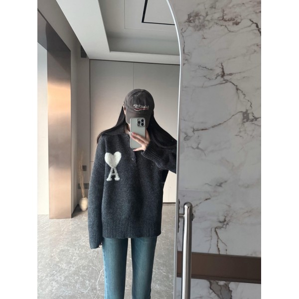 Ami Paris アミ パリス ブランドニットポロ レディース ポロセーター リプニット オーバーサイズ 襟付き ゆったり 柔らかい 流行り カジュアル おしゃれ ベーシック きれいめ トップス 秋 冬