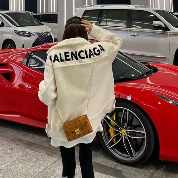 Balenciaga フリースコート バレンシアガハイブランドボアジャケット ロングボアコート ボアブルゾン ロング コート アウター マウンテンパーカー スタンドブルゾン もこもこ 防寒 レディース カジュアル 秋冬 レザー調パイピング ミドル丈  ジップアップ オーバーサイズ