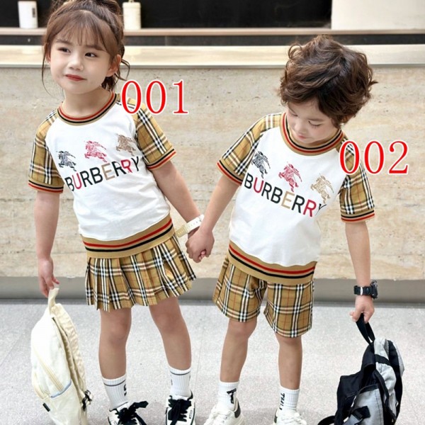 Burberry バーバリー風キッズ夏服 ブランド子供セットアップ  半袖Tシャツ+ショートパンツ/スカート チェック切り替え 男女兼用 兄弟お揃い服 90-160cm