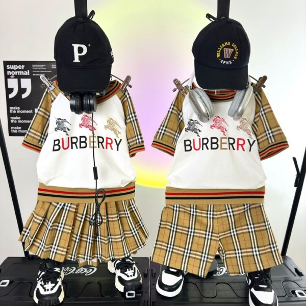 Burberry バーバリー風キッズ夏服 ブランド子供セットアップ  半袖Tシャツ+ショートパンツ/スカート チェック切り替え 男女兼用 兄弟お揃い服 90-160cm
