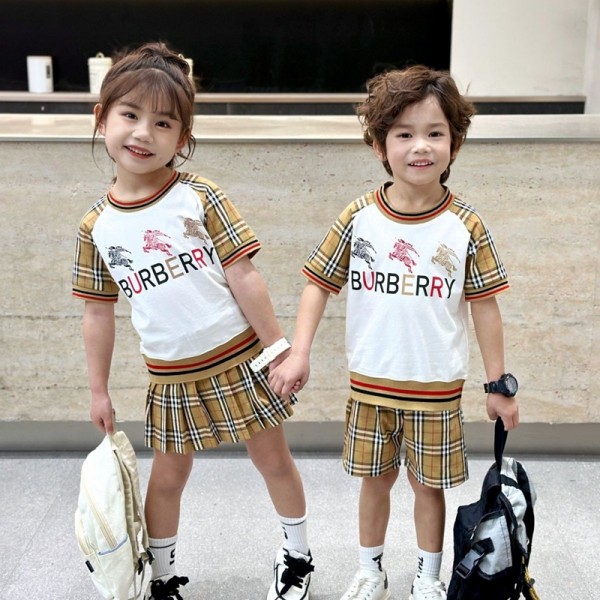 Burberry バーバリー風キッズ夏服 ブランド子供セットアップ  半袖Tシャツ+ショートパンツ/スカート チェック切り替え 男女兼用 兄弟お揃い服 90-160cm