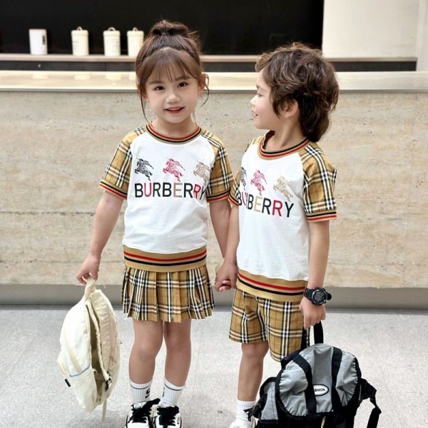 Burberry バーバリー風キッズ夏服 ブランド子供セットアップ  半袖Tシャツ+ショートパンツ/スカート チェック切り替え 男女兼用 兄弟お揃い服 90-160cm
