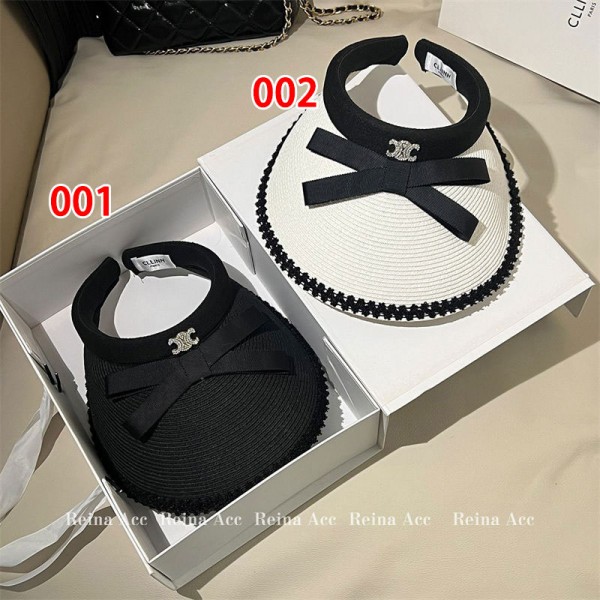 ブランドCeline サンバイザー セリーヌ麦わら帽子 レディース かわいい蝶結び UVカット キャップ つば広 帽子 ハット 紫外線対策 日焼け防止 弾性コード付き サイズ調整 