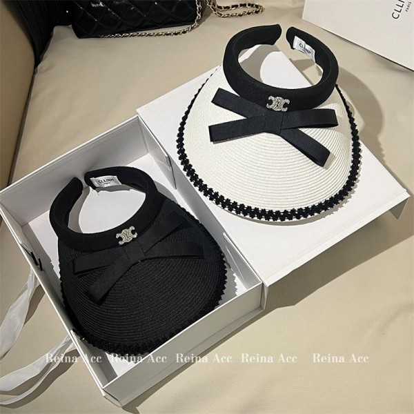 ブランドCeline サンバイザー セリーヌ麦わら帽子 レディース かわいい蝶結び UVカット キャップ つば広 帽子 ハット 紫外線対策 日焼け防止 弾性コード付き サイズ調整 