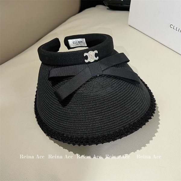 ブランドCeline サンバイザー セリーヌ麦わら帽子 レディース かわいい蝶結び UVカット キャップ つば広 帽子 ハット 紫外線対策 日焼け防止 弾性コード付き サイズ調整 