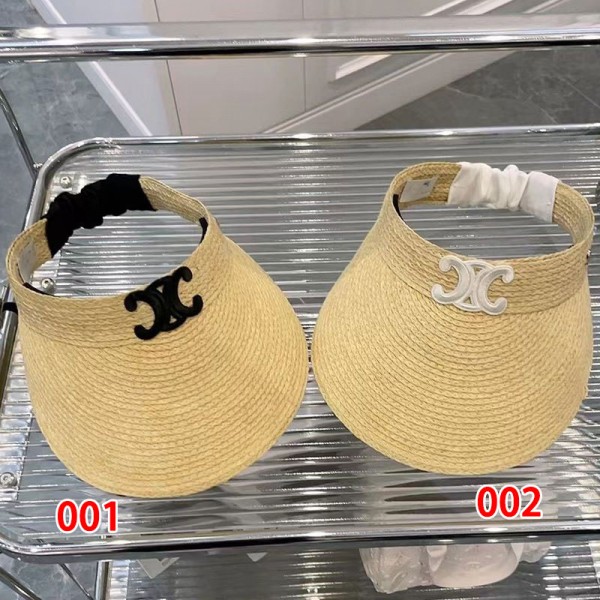 ブランドセリーヌサンバイザー 麦わら レディース 紫外線 UV カット Celineサンハット 大きなつば 日除けキャップ 可愛い エレガンス ビーズ 小顔効果 女優帽