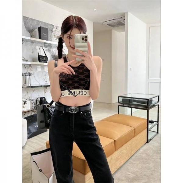 CELINE セリーヌハイブランドショート丈タンクトップ レディース ニットキャミソール インナー へそ出し ノースリーブ 伸縮性 重ね着 トップス ダンス スポーツ シンプル ブラ紐隠し 脇下隠し 胸元隠し 肌着