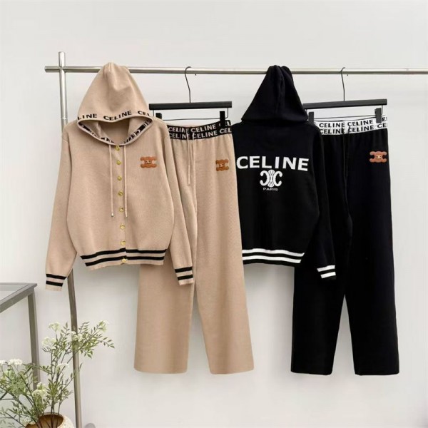 CELINE セリーヌハイブランド上下セット 2点セット レディース ニットセットアップ S - 2XL ニットパーカー+ワイドパンツ パンツスーツ カーディガン 春服 秋服 グルーネック ニットセーター パフスリーブ おしゃれ ファッション カジュアル ゆったり 可愛い 大人 部屋着 春秋