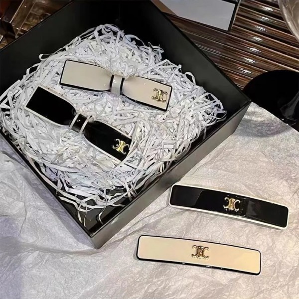 CELINE セリーヌハイブランドバンスグリップ  VINGTAINE ヘアピン シンプル リボンバナナクリップ エレガント ヘアクリップ オフィス ヘアアクセサリー 黒白