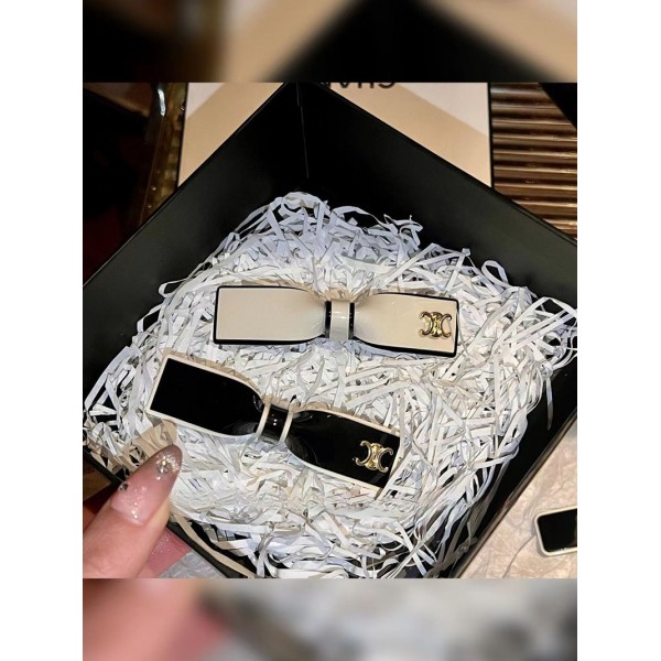 CELINE セリーヌハイブランドバンスグリップ  VINGTAINE ヘアピン シンプル リボンバナナクリップ エレガント ヘアクリップ オフィス ヘアアクセサリー 黒白