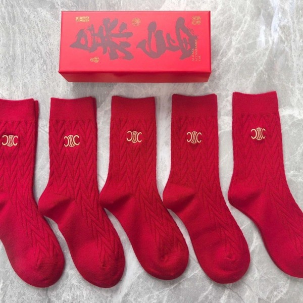 CELINE セリーヌハイブランド ソックス 綿製ロゴ刺繍 長筒ソックス 5足セット ギフトブランドミドルソックス 高品質上質な コットン ソックス くつした