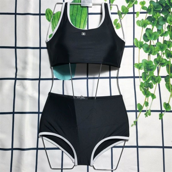 シャネル ブランド ビキニ 水着 レディース 上下セット chanel タンクトップ式ビキニ 簡約 ブラック ココマーク オシャレ 体型カバーパ ット入れ 吸汗 速乾 S~XL
