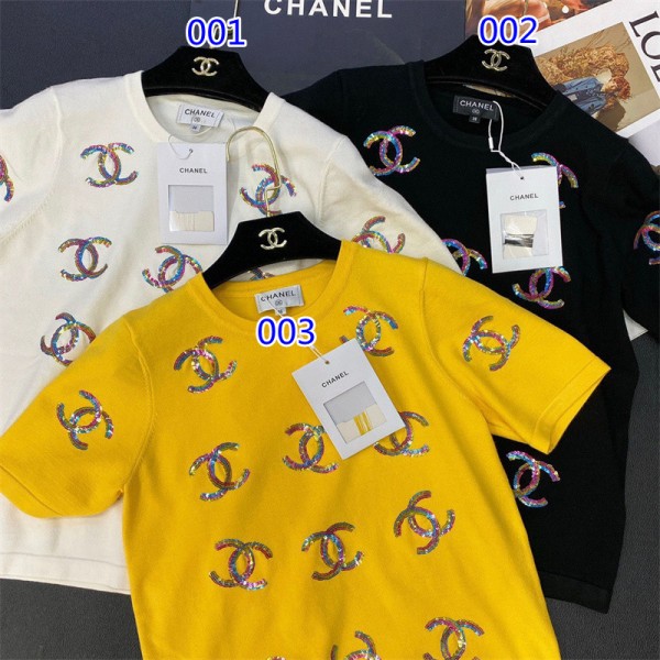 ハイブランド シャネル Tシャツ 刺繍 キラキラ 丸首 Chanel カジュアル 夏 涼しい かわいい 上着 トップス 女の子 洋服 ファッション 