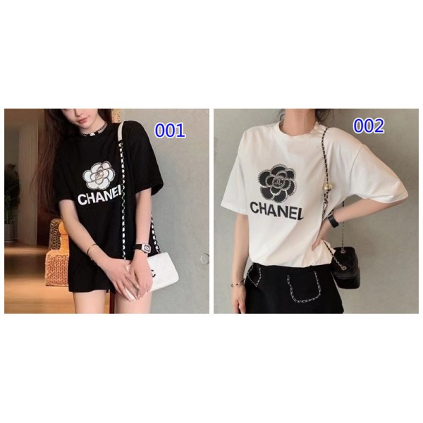 シャネル tシャツ レディース 半袖 かわいい ツバキ柄 CHANEL 黒白 プリント カジュアル シンプル Tシャツ 夏 ラウンド上着 リベット飾り 個性 ファッション 大きいサイズ S~5XL