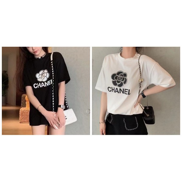 シャネル tシャツ レディース 半袖 かわいい ツバキ柄 CHANEL 黒白 プリント カジュアル シンプル Tシャツ 夏 ラウンド上着 リベット飾り 個性 ファッション 大きいサイズ S~5XL