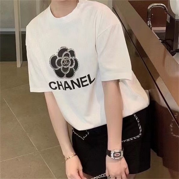 シャネル tシャツ レディース 半袖 かわいい ツバキ柄 CHANEL 黒白 プリント カジュアル シンプル Tシャツ 夏 ラウンド上着 リベット飾り 個性 ファッション 大きいサイズ S~5XL