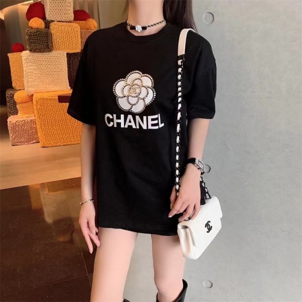 シャネル tシャツ レディース 半袖 かわいい ツバキ柄 CHANEL 黒白 プリント カジュアル シンプル Tシャツ 夏 ラウンド上着 リベット飾り 個性 ファッション 大きいサイズ S~5XL