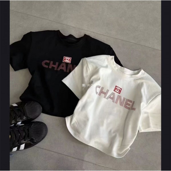 シャネル ｔシャツ 黒白 Tシャツ 半袖 CHANEL ブランド ショート クロップド 丈 へそ出し 無地 短め ストレッチ性 レディース 着痩せ ファッション