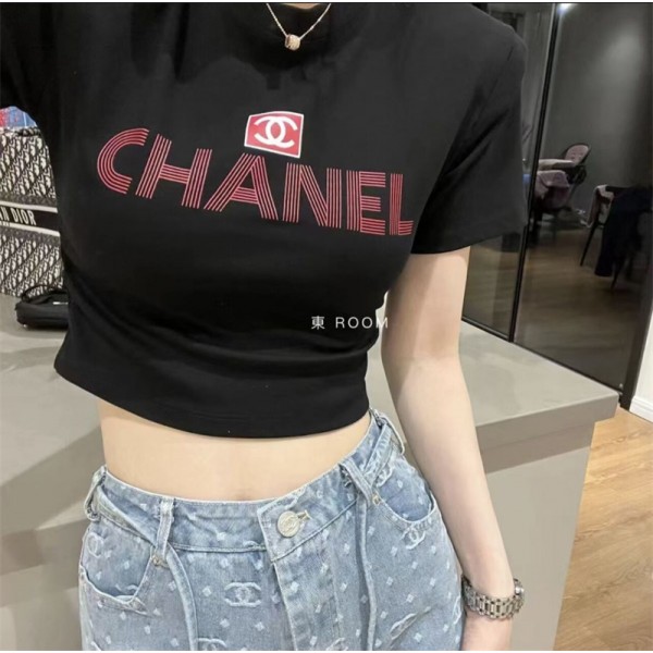 シャネル ｔシャツ 黒白 Tシャツ 半袖 CHANEL ブランド ショート クロップド 丈 へそ出し 無地 短め ストレッチ性 レディース 着痩せ ファッション