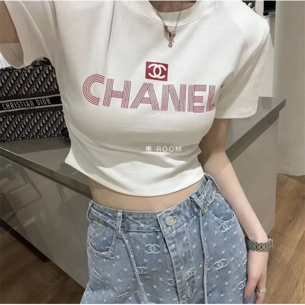 シャネル ｔシャツ 黒白 Tシャツ 半袖 CHANEL ブランド ショート クロップド 丈 へそ出し 無地 短め ストレッチ性 レディース 着痩せ ファッション