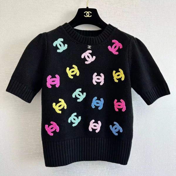 シャネル セーター chanel  短袖 ニット製 モノグラム 黒 カジュアル 丸首 秋冬 ファッション