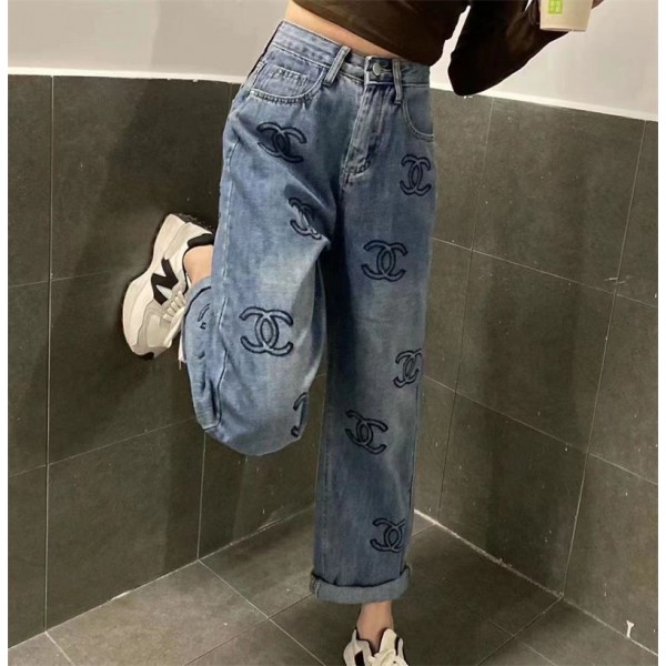 Chanel ブランド デニム スキニー シャネル パンツ ストレッチ フロントジッパー デニムパンツ レディース刺繍ロゴ付き 流行り ファッション