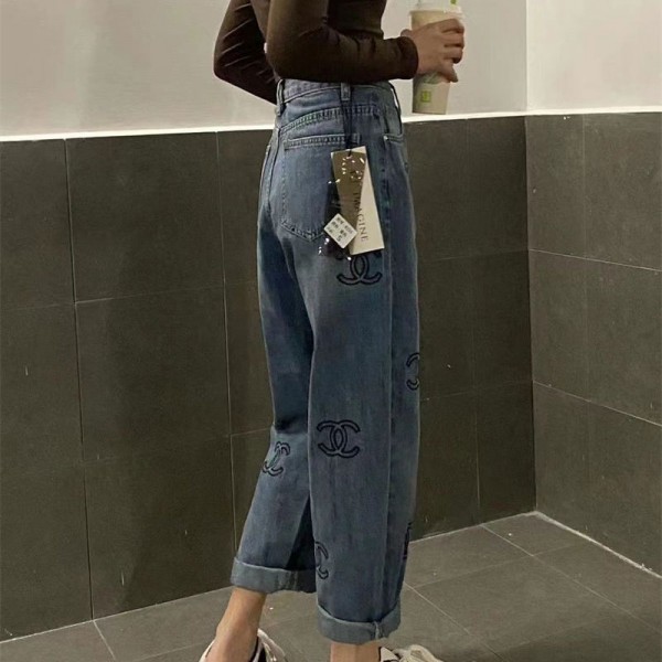 Chanel ブランド デニム スキニー シャネル パンツ ストレッチ フロントジッパー デニムパンツ レディース刺繍ロゴ付き 流行り ファッション