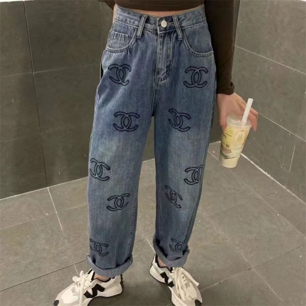 Chanel ブランド デニム スキニー シャネル パンツ ストレッチ フロントジッパー デニムパンツ レディース刺繍ロゴ付き 流行り ファッション