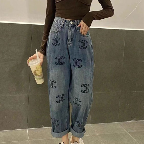 Chanel ブランド デニム スキニー シャネル パンツ ストレッチ フロントジッパー デニムパンツ レディース刺繍ロゴ付き 流行り ファッション