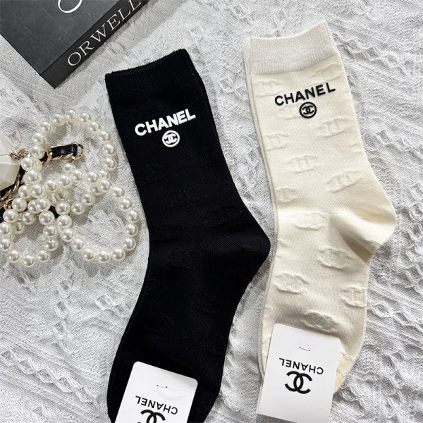 Chanel シャネルハイブランド ソックス 綿製レディース向け 靴下 2点セット かわいい コットン 靴下 メンズ 通気性ブランドミドルソックス 高品質