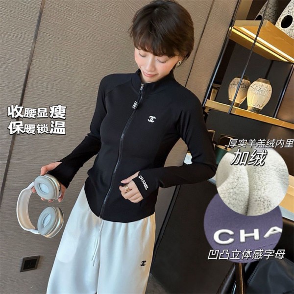 Chanel シャネル ブランドランニング コート レディース フルジップ裏起毛 長袖 スリムフィット レディースコート 秋冬 スポーツウェア ヨガウェア 親指穴付 トレーニング ジム アウトドア 防寒保温