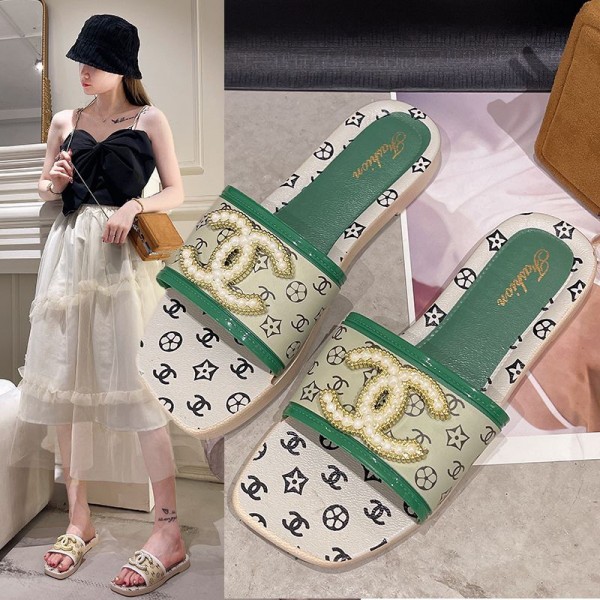 Chanel シャネルファッション室内履き春夏ブランド ミュール  美脚 2足セット 可愛いスリッパ 夏用 涼しい 蒸れないサンダル素足レディース メンズ 室内履き スリッパ ペア カップル