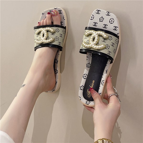 Chanel シャネルファッション室内履き春夏ブランド ミュール  美脚 2足セット 可愛いスリッパ 夏用 涼しい 蒸れないサンダル素足レディース メンズ 室内履き スリッパ ペア カップル