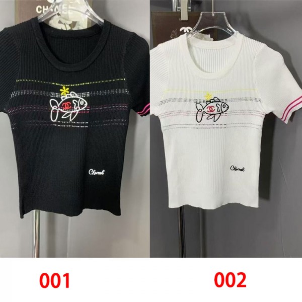 Chanel シャネルハイブランドtシャツ リブニット レディース Uネック 刺繍の柄 スリム 広め トップス 半袖 シャツ スリム ストレッチ おしゃれ 気質XS - M