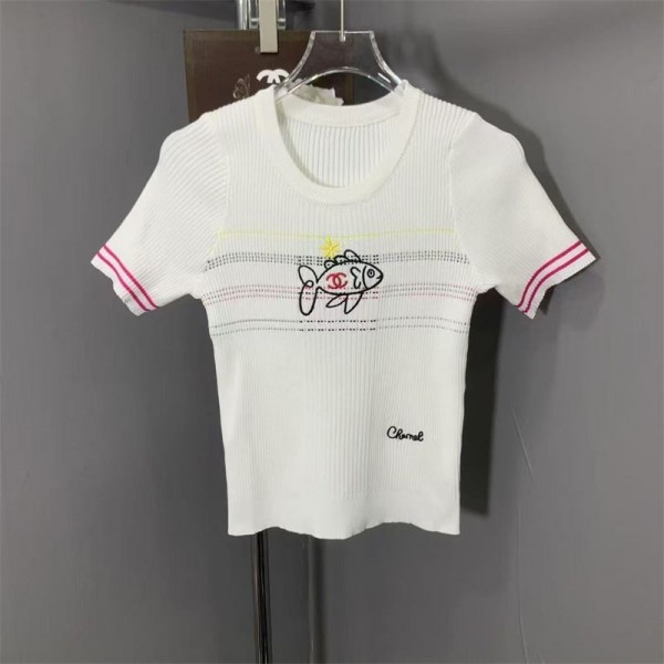 Chanel シャネルハイブランドtシャツ リブニット レディース Uネック 刺繍の柄 スリム 広め トップス 半袖 シャツ スリム ストレッチ おしゃれ 気質XS - M