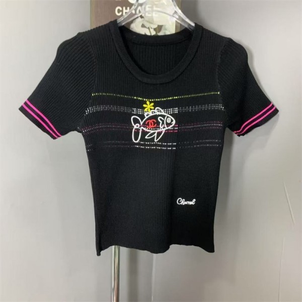 Chanel シャネルハイブランドtシャツ リブニット レディース Uネック 刺繍の柄 スリム 広め トップス 半袖 シャツ スリム ストレッチ おしゃれ 気質XS - M