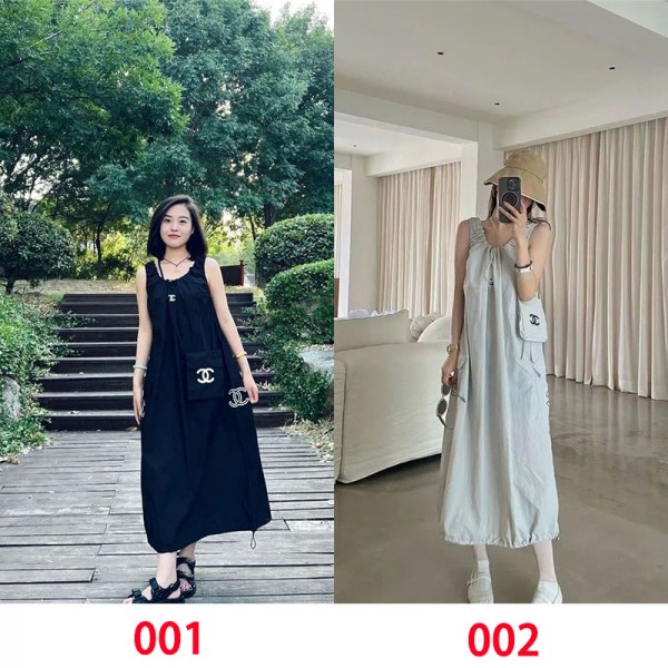 Chanel シャネルブランドノースリーブワンピース ロングワンピース インナー ロング丈 S - L ポケット付き ゆったり Uネック スタイルアップ イレギュラーヘム 切り替え アーティスティック ゆったり 大きいサイズ エレガント カジュアル 春夏