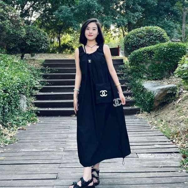 Chanel シャネルブランドノースリーブワンピース ロングワンピース インナー ロング丈 S - L ポケット付き ゆったり Uネック スタイルアップ イレギュラーヘム 切り替え アーティスティック ゆったり 大きいサイズ エレガント カジュアル 春夏