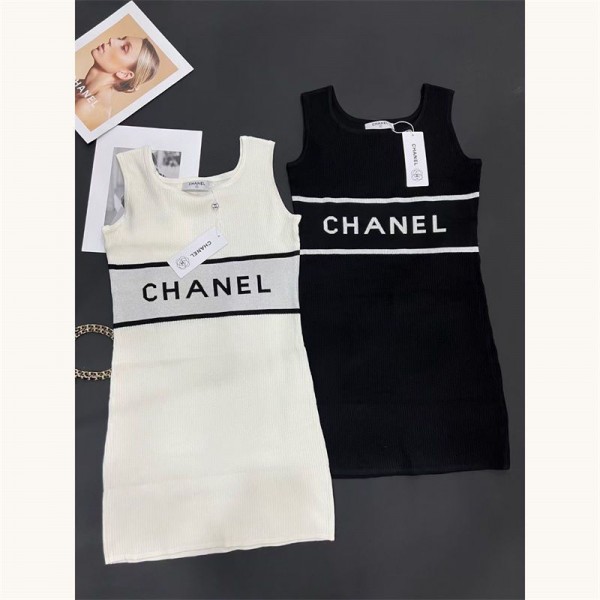 Chanel シャネルブランドタンクワンピース ミディアムドレス ニットワンピース ノースリーブ キャバ嬢 キャバクラ ラウンジ リブニット 膝丈 レディース S - L