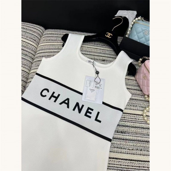 Chanel シャネルブランドタンクワンピース ミディアムドレス ニットワンピース ノースリーブ キャバ嬢 キャバクラ ラウンジ リブニット 膝丈 レディース S - L