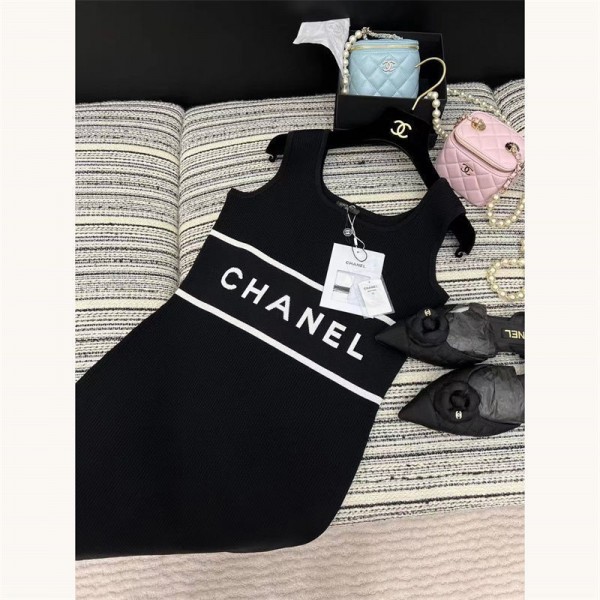 Chanel シャネルブランドタンクワンピース ミディアムドレス ニットワンピース ノースリーブ キャバ嬢 キャバクラ ラウンジ リブニット 膝丈 レディース S - L