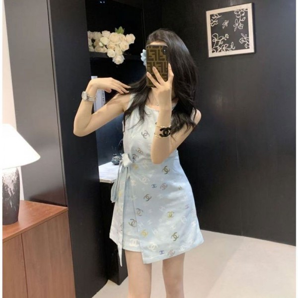 Chanel シャネルハイブランドタンクワンピース レディース ノースリーブ aライン ラウンドネック 気質 女性 袖無し S - L 丸首 膝上丈 キャミワンピース エレガント クルーネック ひざ丈 ドレス 春 夏 秋