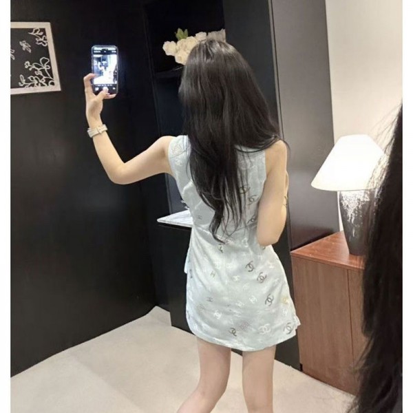 Chanel シャネルハイブランドタンクワンピース レディース ノースリーブ aライン ラウンドネック 気質 女性 袖無し S - L 丸首 膝上丈 キャミワンピース エレガント クルーネック ひざ丈 ドレス 春 夏 秋