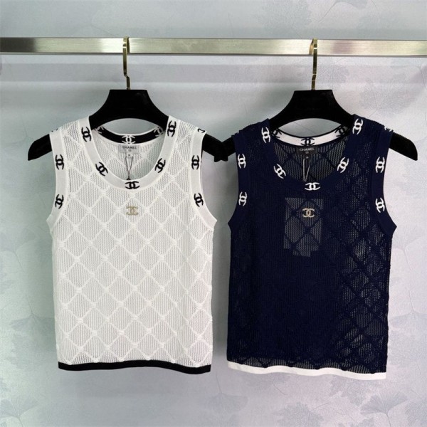 Chanel シャネルブランドニットベスト レディース チョッキ 透かし編み トップス レトロ ノースリーブ ゆったり 体型カバー 通気 コットン おしゃれ 大人 重ね着 アウター カジュアル 通勤 夏秋 S - XL